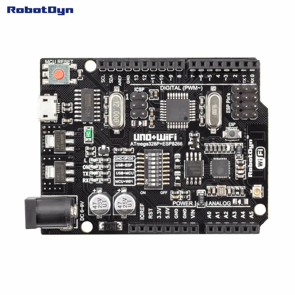 UNO+ WiFi R3 ATmega328P+ ESP8266(32 Мб памяти), USB-TTL CH340G. Совместимость для Arduino Uno, NodeMCU, WeMos ESP8266