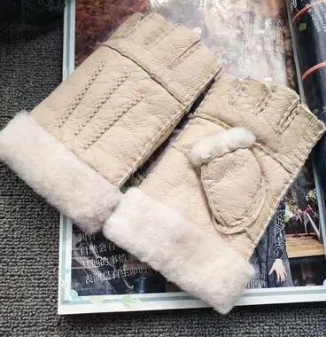 beige Женские осенне-зимние Утепленные перчатки с шерстяной подкладкой, женские цельные перчатки из натуральной овчины, кожаные меховые перчатки для вождения R586 - Цвет: beige