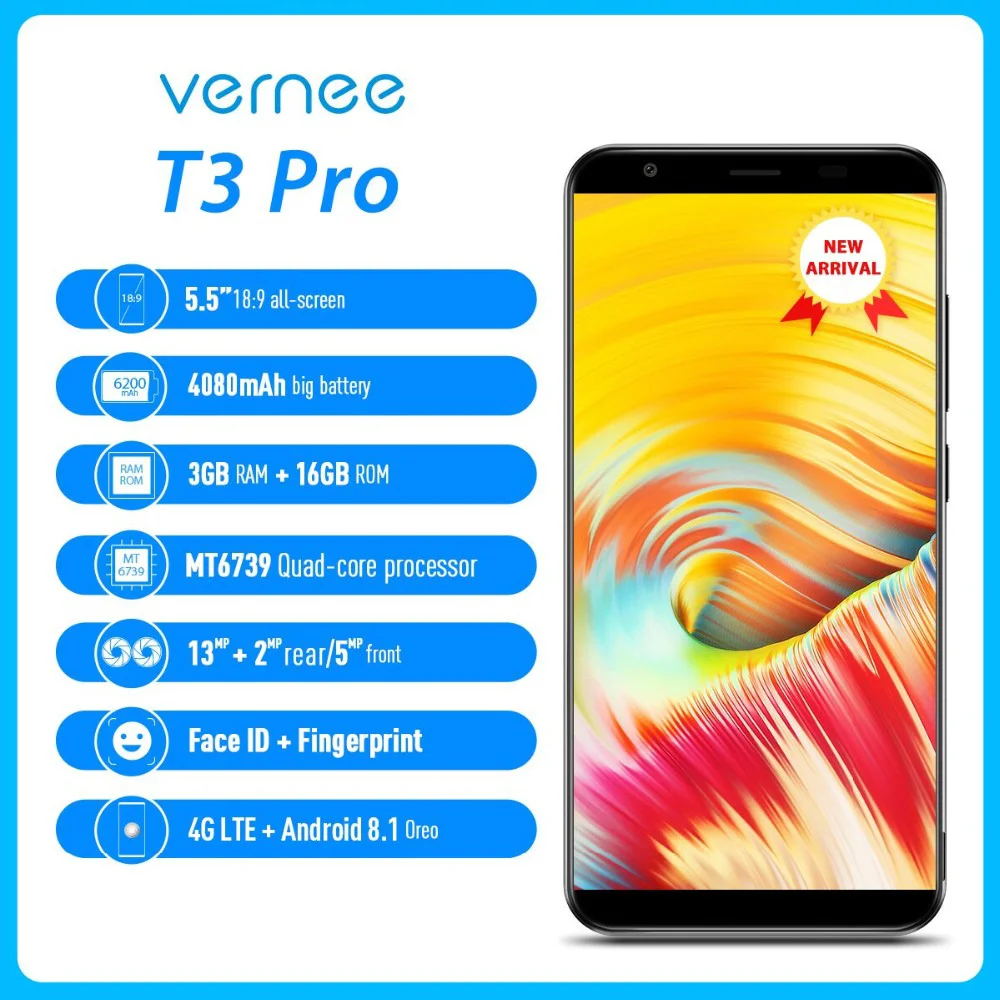 Смартфон Vernee T3 Pro с четырехъядерным процессором Face ID экран 5 дюйма 3 ГБ 16 13 МП