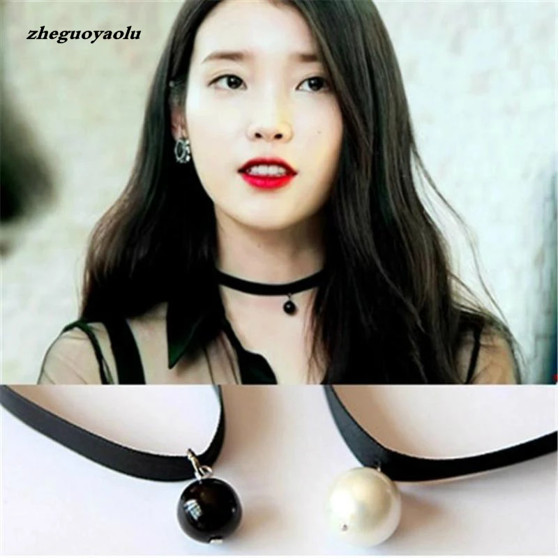 New Fashion Personality Black Imitation Pearl Pendant Necklace Short Necklace Female Jewelry Necklace Black Ribbon Lace Jewelry