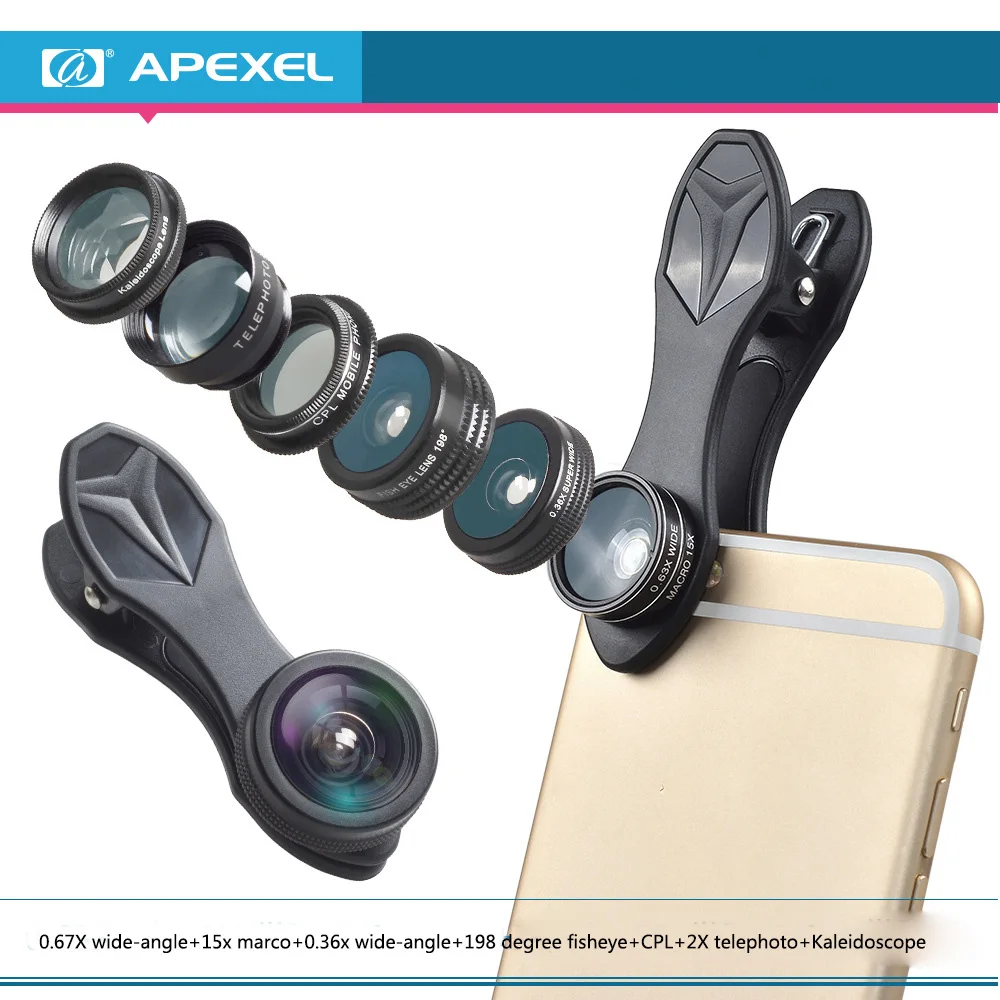 7 в 1 APEXEL HD 0.63X широкоугольный + 198 градусов рыбий глаз 15X макрообъектив CPL шесть линз