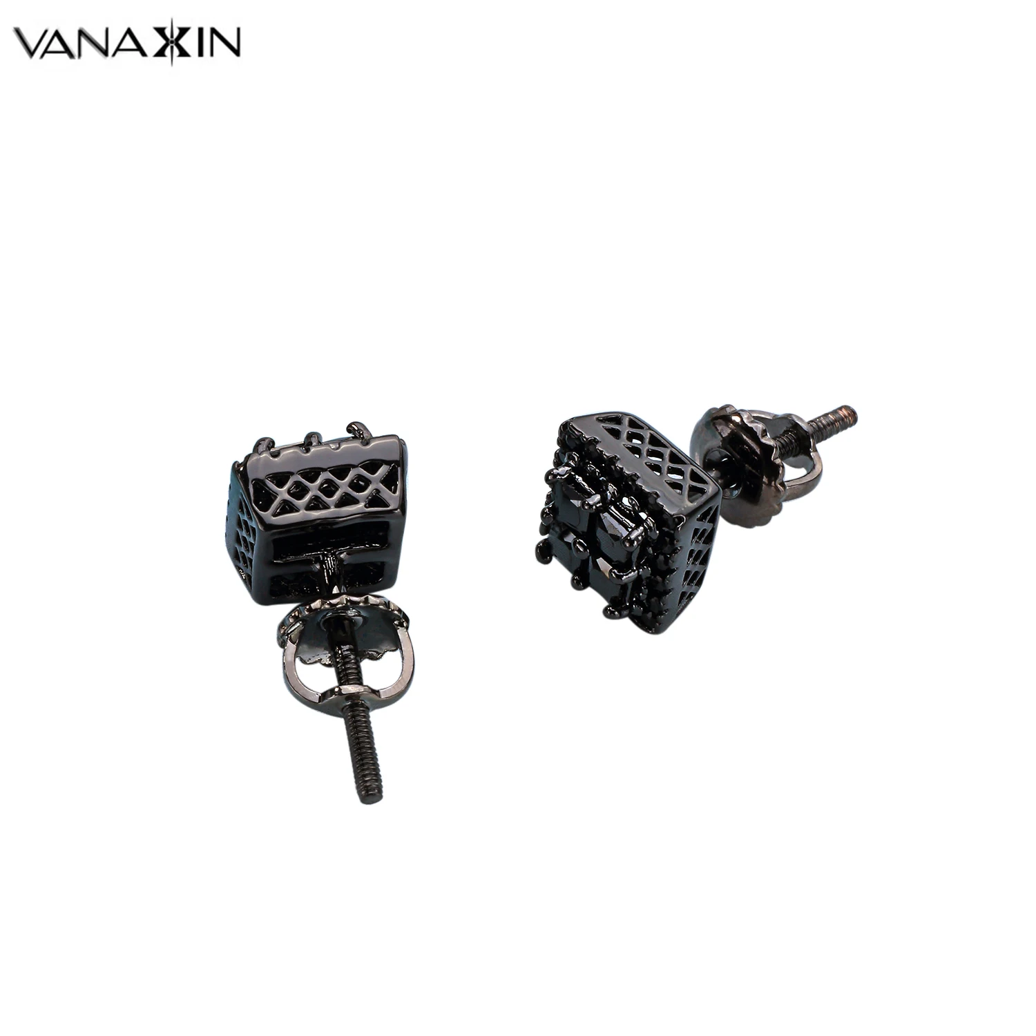 

VANAXIN New Fashion Earring Black AAA CZ Stones Hip Hop Stud Earrings For Women Gift Charms Jewellery Cool Free Box Brass