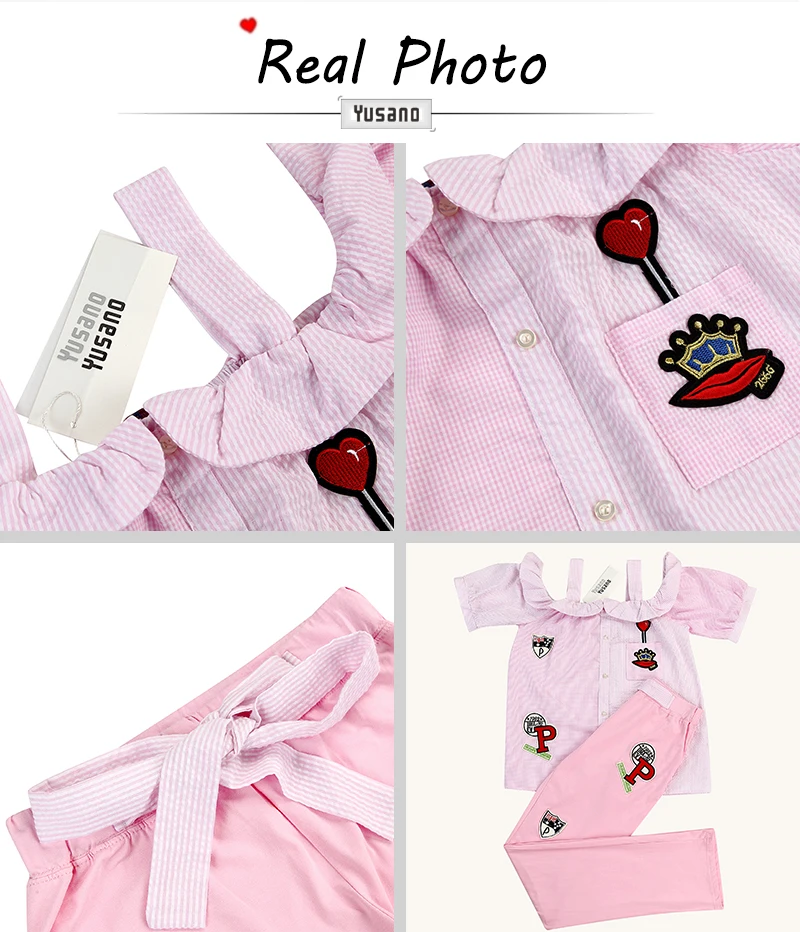 Yusano Pajamas Women Embroidery Camisole Short Sleeve Ruffle Sleepwear Girl Blue Pink Stripe Homewear Cotton Top+Long Pants