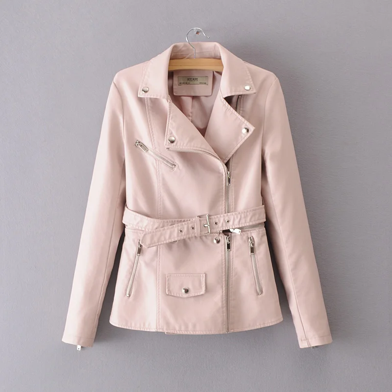 

Autumn sashes Pu Leather Jacket women black pink zipper Motorcycle Coat female loose pocket Faux Leather Biker Jacket 2018