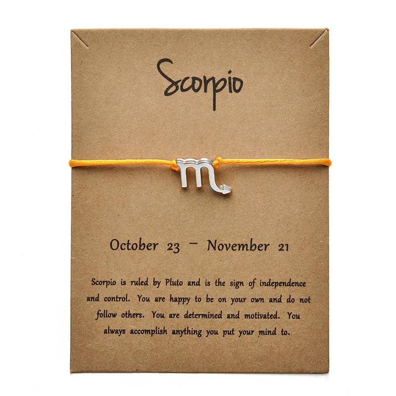 yelow Silver Scorpio Модные украшения 12 созвездий Зодиака Скорпион счастливая веревка браслет браслеты для женщин мужчин подарок на день рождения - Окраска металла: yelow Silver Scorpio