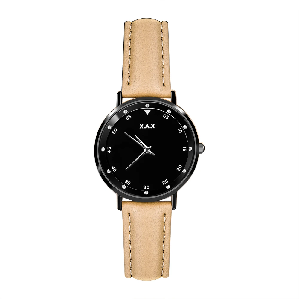 

XAX Branded Women Watches Diamond Face. Ladies Watch Genuine Leather Strap Nude