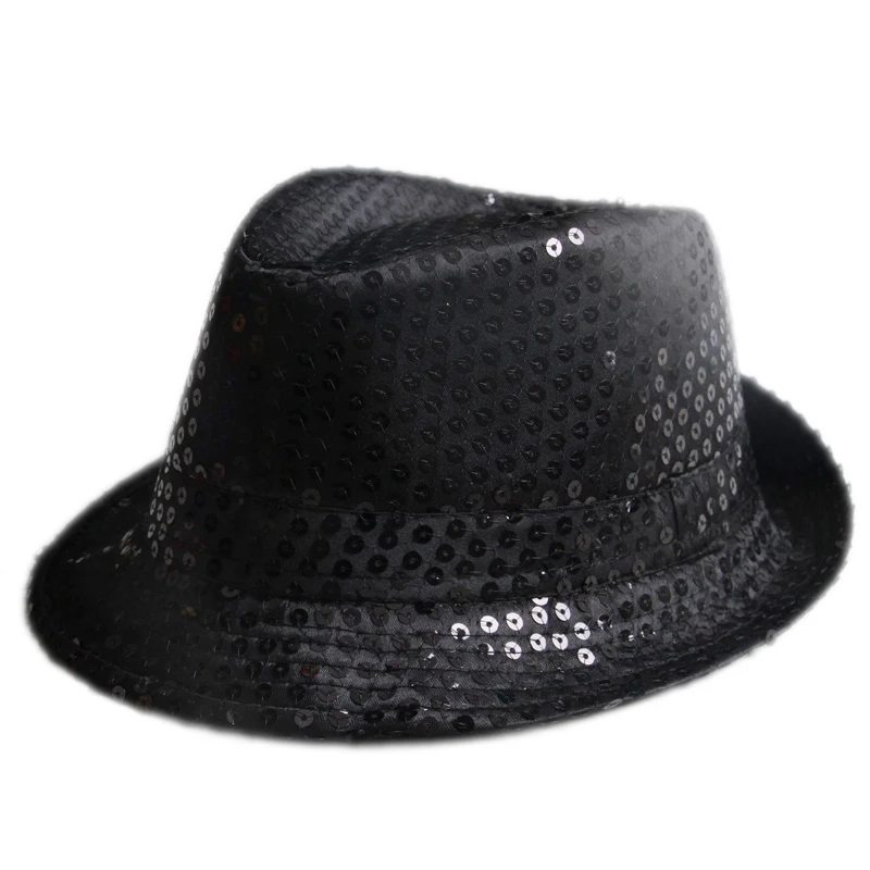 Черный Mistdawn детей Сияющие Блестки Fedora Hat Трилби для мальчиков и девочек с блестками для танцев Детский костюм для вечеринок Кепки Размеры 54 см - Цвет: Черный