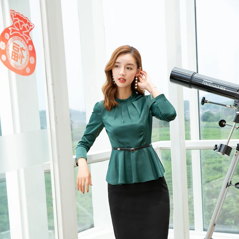 Зеленая/белая офисная рубашка с длинным рукавом однотонная Офисная Женская