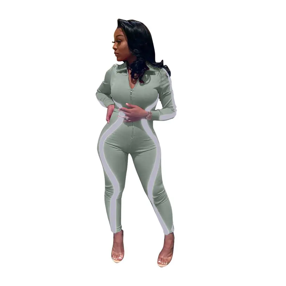 grey jumpsuit Echoine флуоресцентные полосатые Лоскутные Длинные Комбинезоны женские длинные штаны на молнии с длинными рукавами, со светоотражающими вставками женская одежда - Цвет: grey jumpsuit