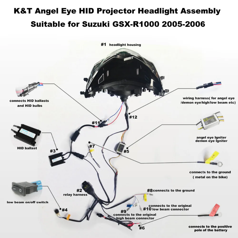 Передние фары KT для мотоцикла Suzuki GSX-R1000 2005-2006 HID Проектор Светодиодный (LED) Глаз