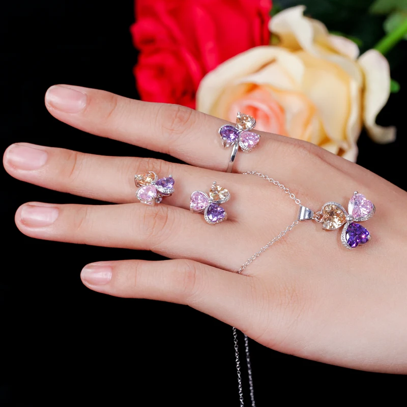 CWWZircons Милая любовь сердце форма микс фиолетовый розовый кубический цирконий камень кольца ожерелье серьги Модный Дамский ювелирный набор T329