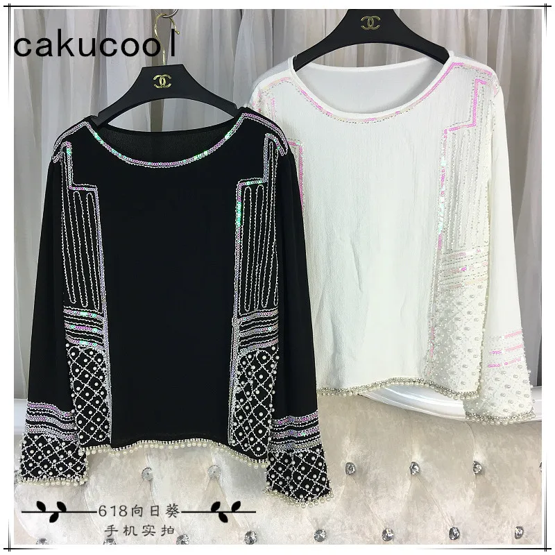 Женские блузки с длинным рукавом Cakucool шифоновые жемчугом и бусинами круглым