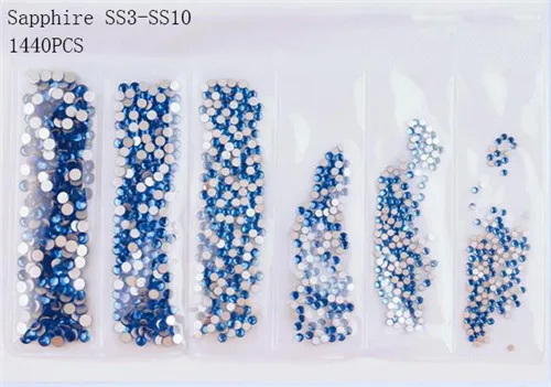 Sapphire-1440pcs 31 стиль, плоские круглые стеклянные стразы смешанного размера, набор, Кристальные драгоценные камни из стекла, 1440 шт, Стразы для ногтей, для самостоятельного дизайна ногтей - Цвет: Sapphire-1440pcs