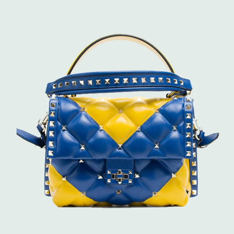 Yellow-Blue Новая модная женская сумка через плечо из овечьей кожи, роскошная сумка из натуральной кожи, женские сумки, дизайнерские сумки в заклепках для женщин - Цвет: Yellow-Blue