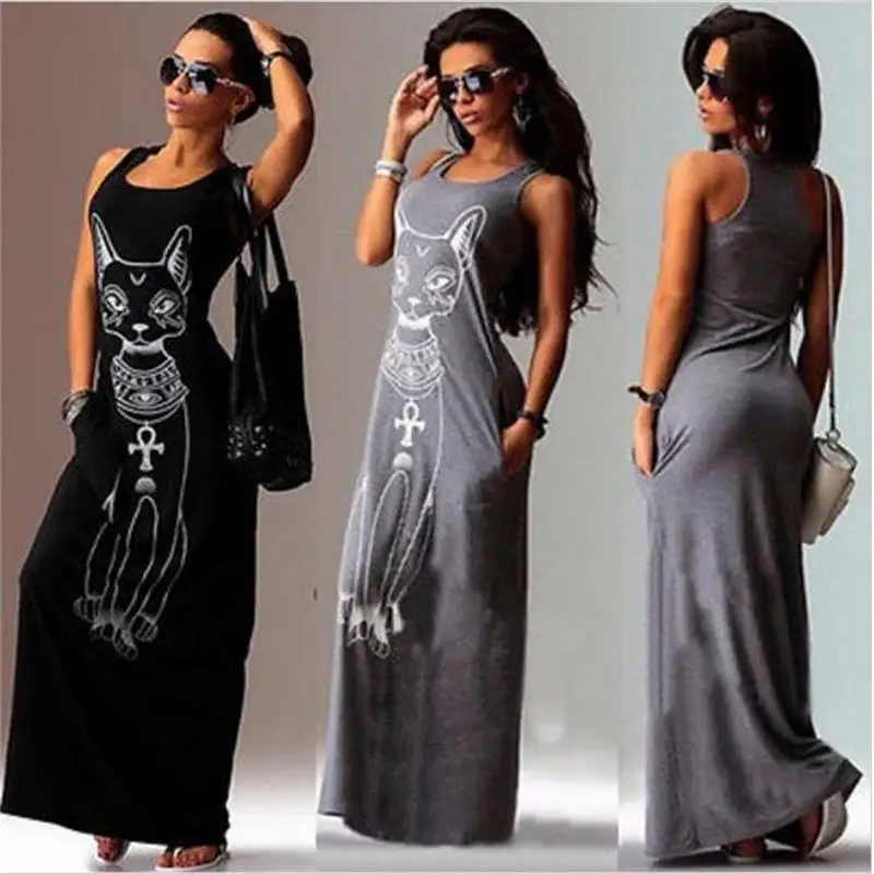 Rogi Summer Women Beach Dress Vintage Cat Print Bodycon Party Dresses Sexy Sleeveless Long Tank Boho Vestidos Largos Mujer | Женская
