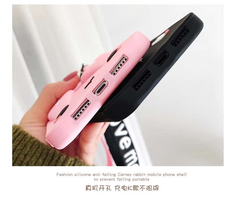 Восхитительный чехол для телефона для iPhone XS XR XS Max X I8 I8 Plus i6 i6S безопасный силиконовый чехол для телефона с кроликом с милым коротким+ длинный ремешок