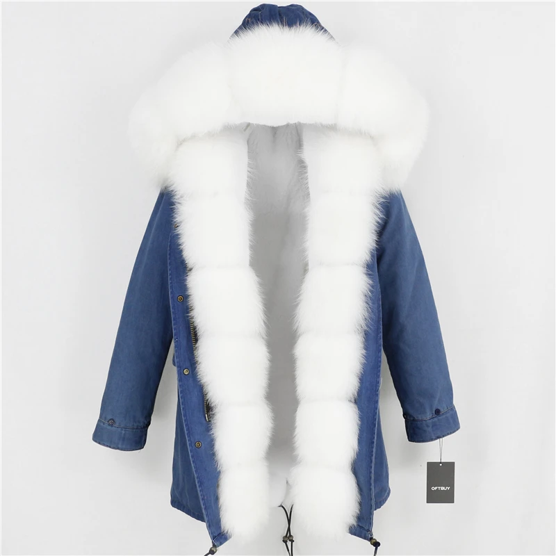 denim white OFTBUY, зимняя женская куртка, пальто из натурального меха, длинная парка, Воротник из натурального Лисьего меха, Толстая теплая брендовая Роскошная Съемная Повседневная Новинка - Цвет: denim white