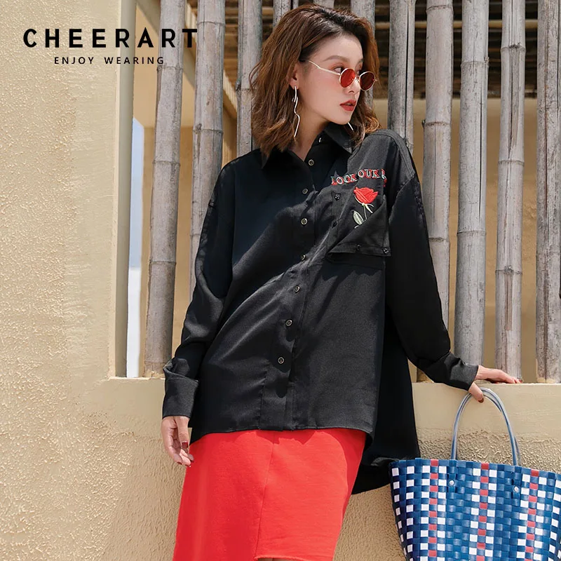 Женская рубашка с длинными рукавами Cheerart черная Свободная блузка вышивкой роз