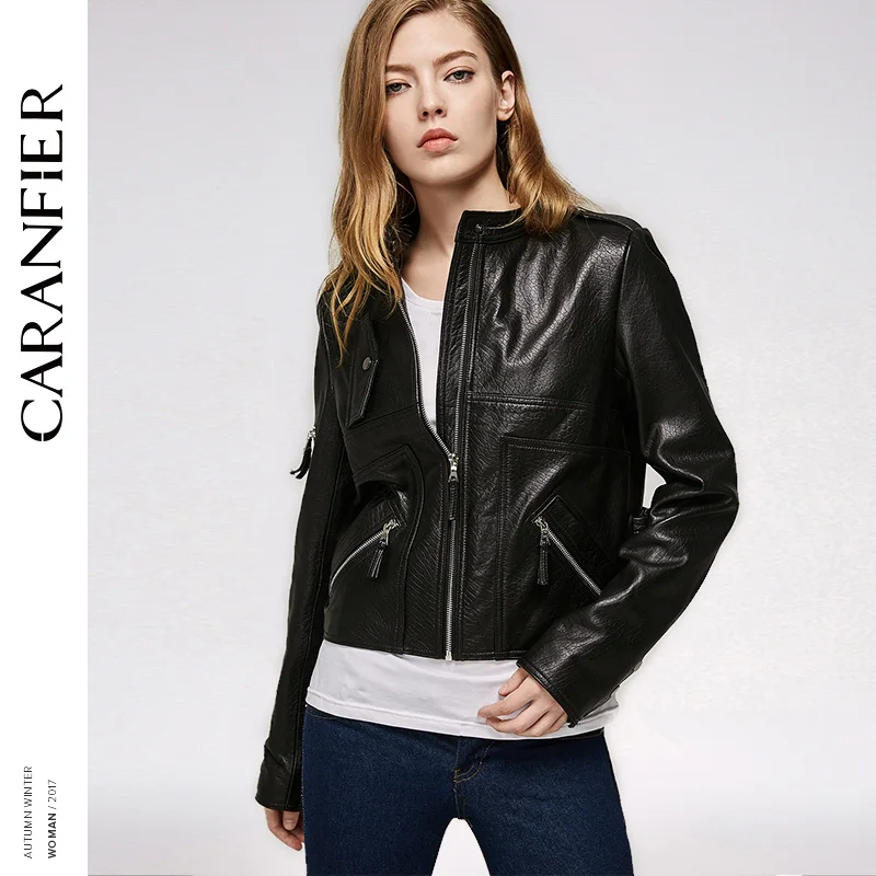 CARANFIER 2017 Женская куртка из натуральной кожи локомотив короткий модный топ 100%