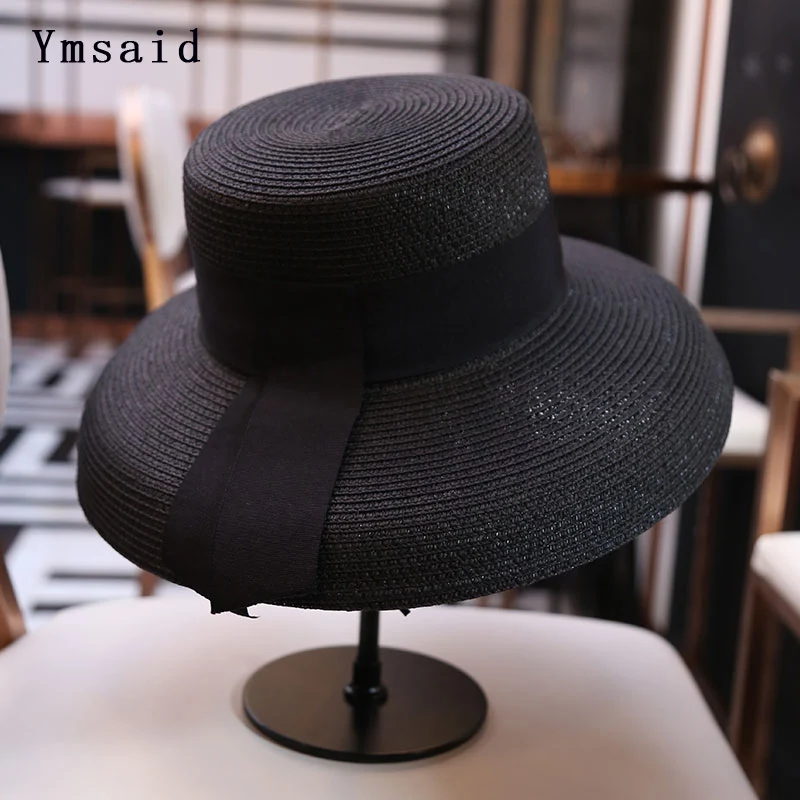 Ymsaid Women's Sun Hat Summer Beach Straw Hat Women Boater Hat With Ribbon Tie For Vacation Holiday Audrey Hepburn