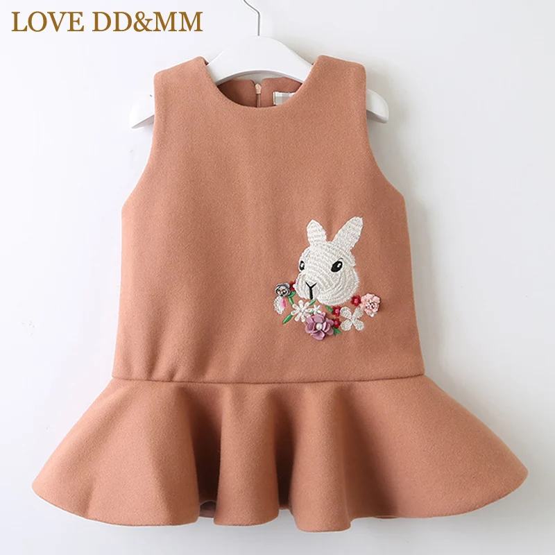 Платья для девочек с надписью «LOVE DD& MM» г. Новая зимняя детская одежда милое плотное шерстяное платье на молнии с вышивкой в виде кролика и цветов для девочек - Цвет: Chocolate