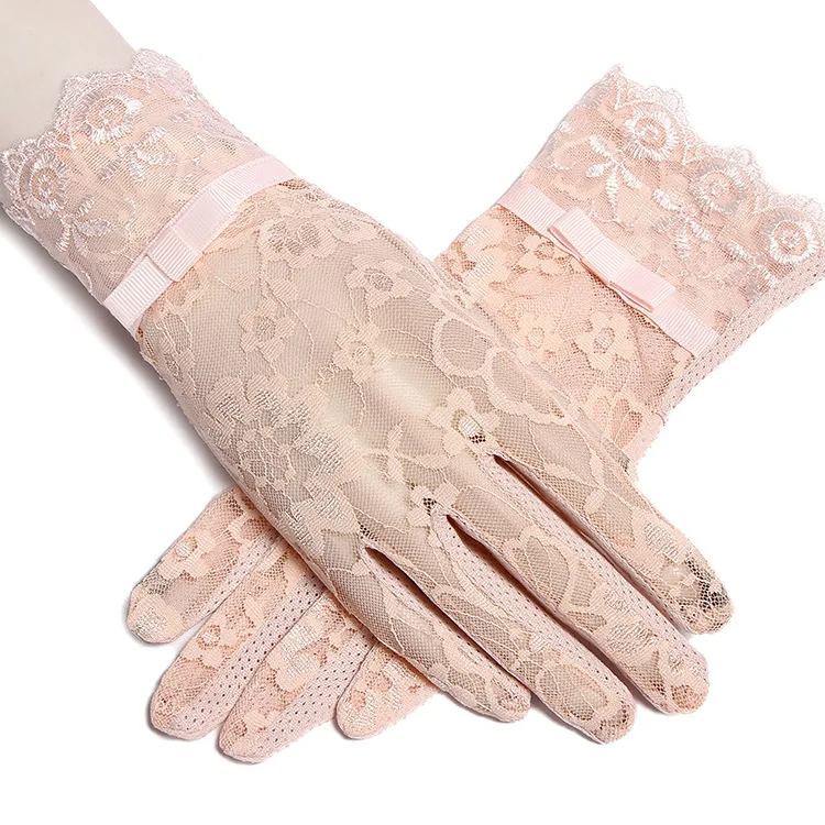 Pink Летние женские короткие противоскользящие кружевные перчатки для вождения с защитой от солнца и защитой от солнца, весенние перчатки для сенсорного экрана с бантом белого цвета - Цвет: Pink
