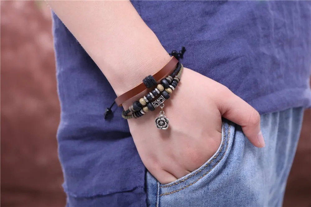 Кожаные браслеты для женщин и мужчин ювелирные изделия подвеска в виде цветка