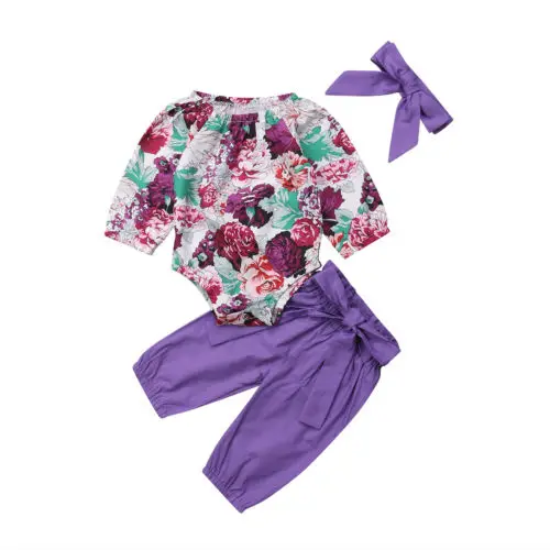 

Newborn Baby Girls Floral Cotton Tops Romper Long Pants Headband Outfits Clothes