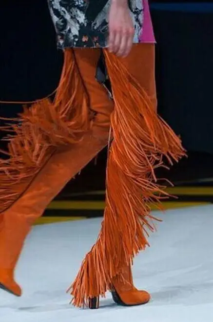 Fashion Orange Suede Leather Women Over The Knee Boots Sexy Fringe Back Ladies Chunky Heel Point Toe Female Knight | Обувь