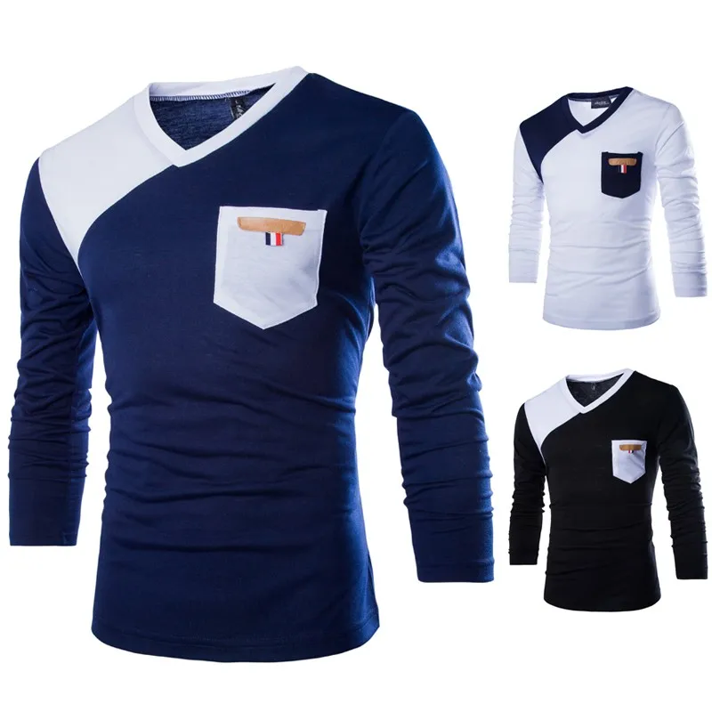 Мужская с длинным рукавом личности лоскутное карманные майка v образным вырезом