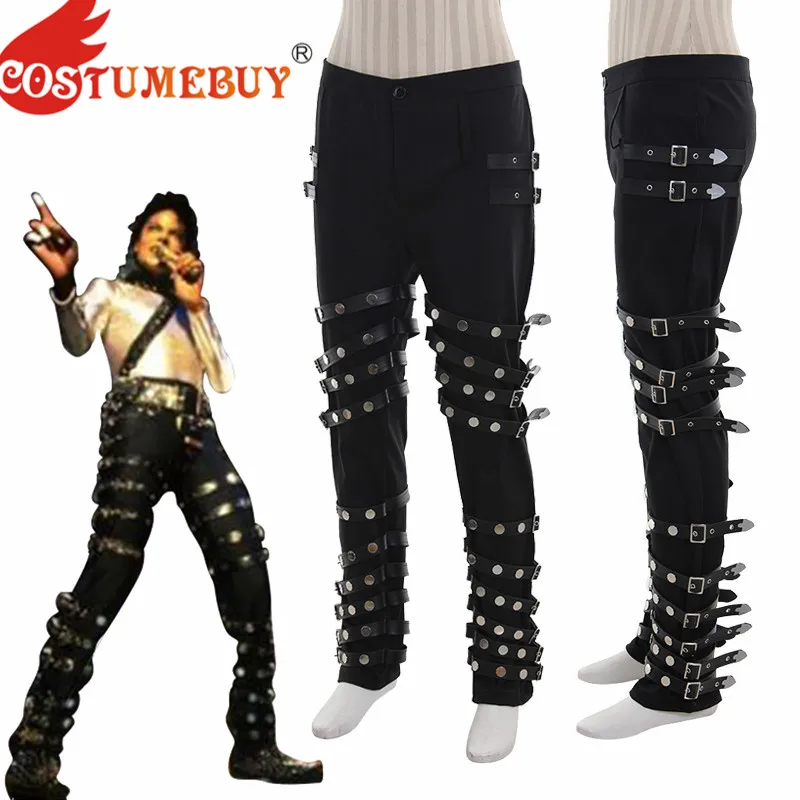 CostumeBuy For Classic MJ Michael Jackson BAD PUNK Black Silm Fit Show Rock Cosplay Costume Performance Rivet Trousers pants