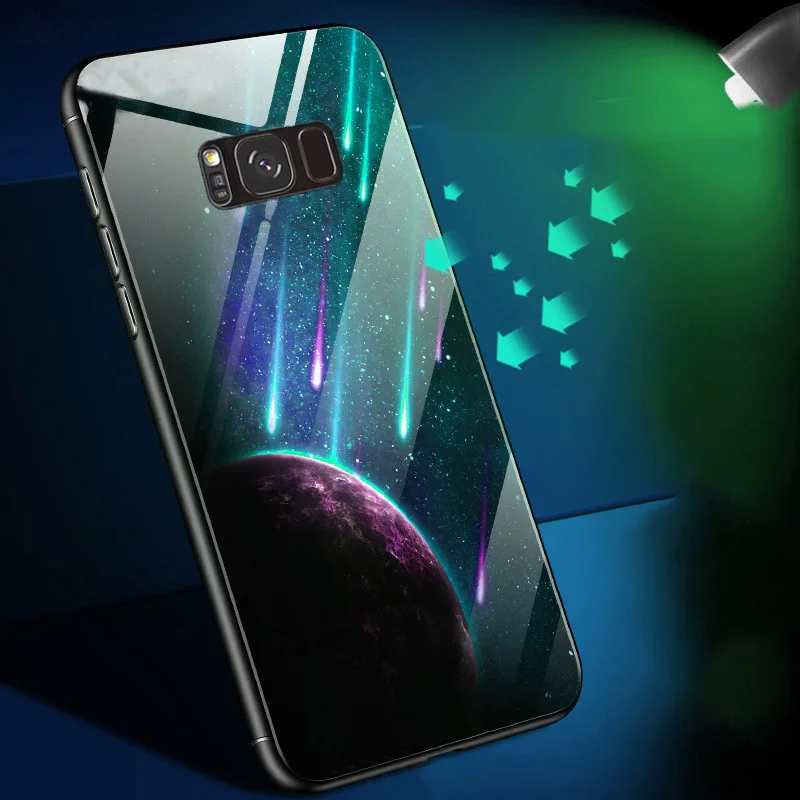 BFOLLOW Luminous Case for Samsung Galaxy S9 / Plus S8 Note 8 9 Tempered Glass Back Hard Cover |