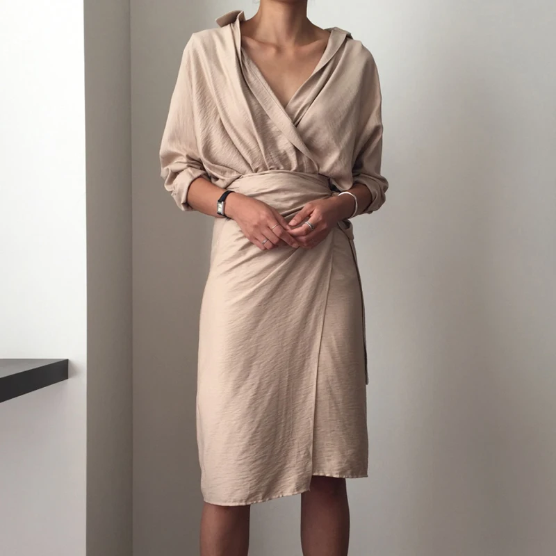 SuperAen, корейский стиль, модное женское платье, однотонный цвет, хлопок, темперамент, женское платье, длинный рукав, v-образный вырез, платье, осень, новинка