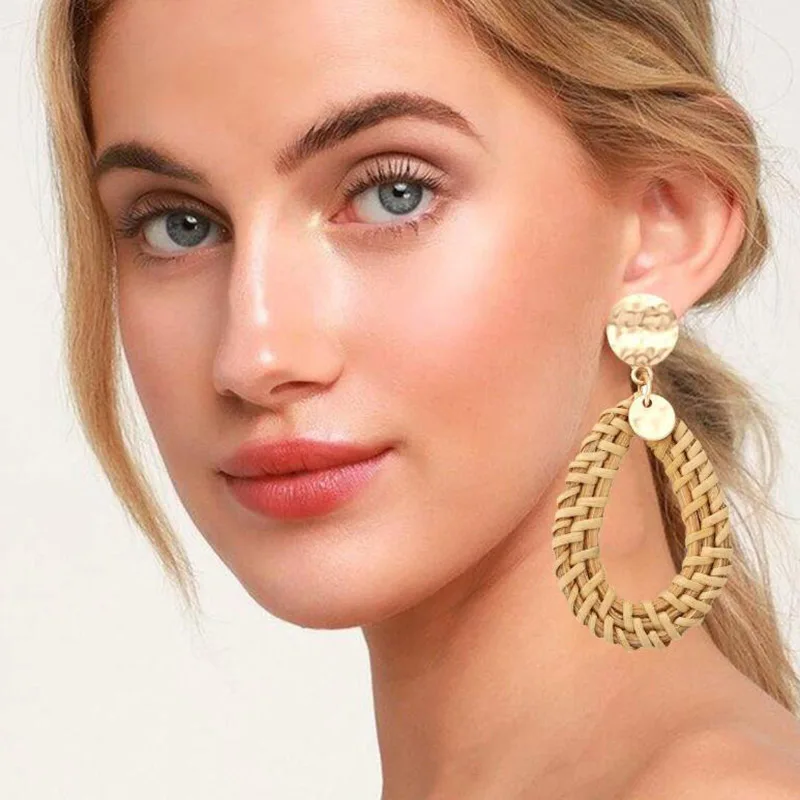 

New Design Handmade Wooden Straw Weave Rattan Hollow Circle Drop Earrings Vine Braid Geometric Big Round For Women Jewelry 2019