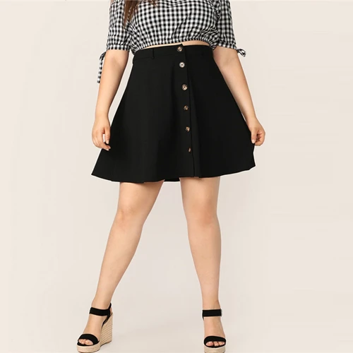 SHEIN Размера Плюс Юбка-Клёш Женская Летняя Черная Короткая Юбка С Пуговицами - Цвет: Черный