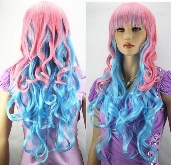 Бесплатная доставка розовый и голубой длинные вьющиеся косплей полный парик |