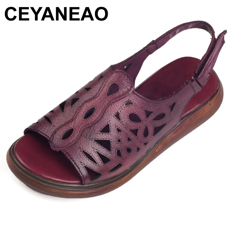 CEYANEAOWomenSandals HollowOut WomenGladiator сандалии винтажный крючок петля на низком каблуке