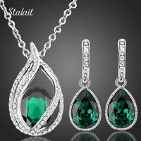 women bridal wedding jewelry set silver color necklace earring set green rhinestone crystal water drop jewelry sets