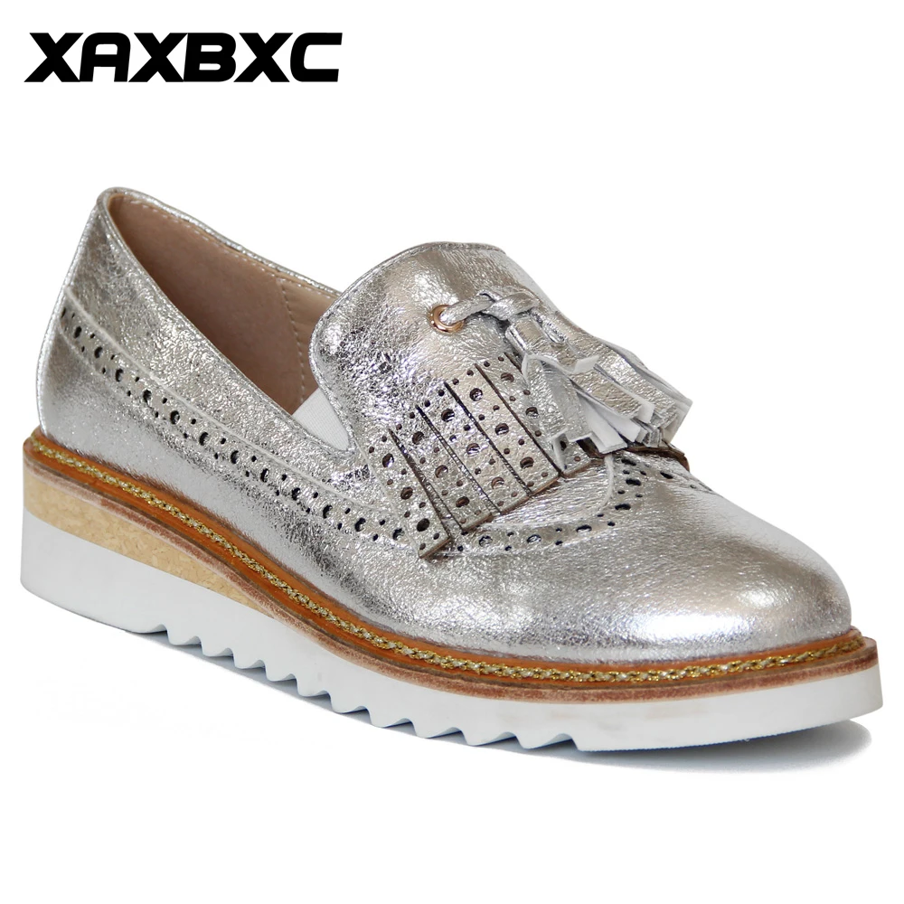 Женские кожаные туфли-лодочки XAXBXC на танкетке и низком каблуке серебристые туфли