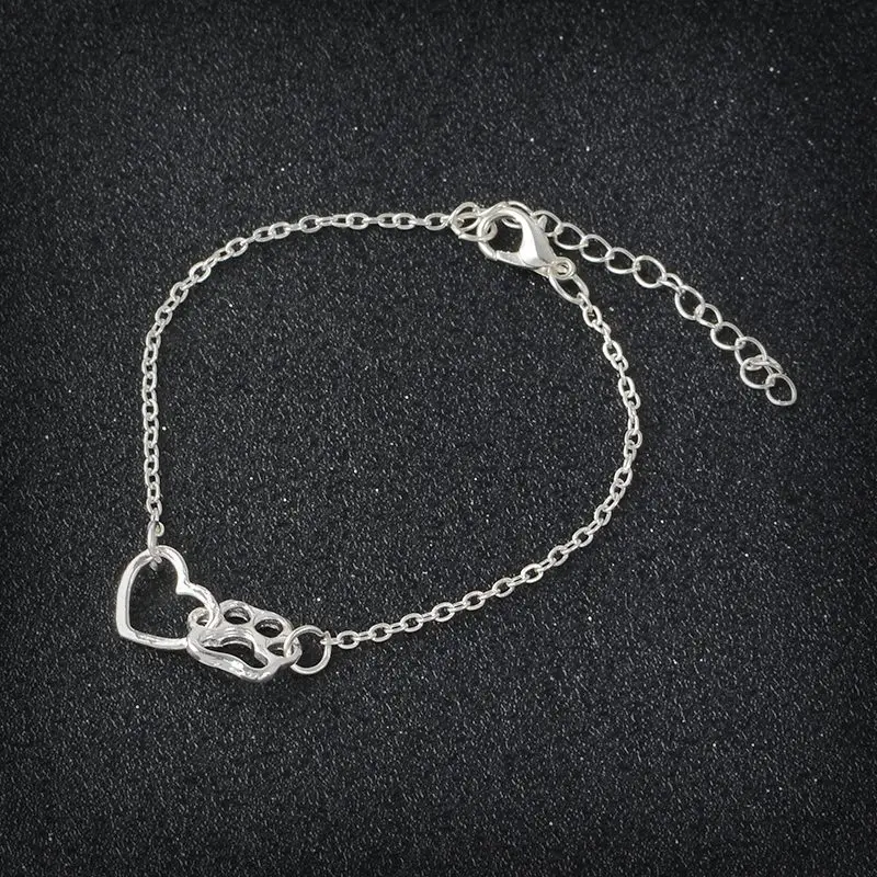 Paw and Heart Bracelet Gold Silver Dog Cat Paw Claw Bracelet For Women Men Fashion Simple Bracelet For Animal Lovers Pet owner - Окраска металла: Silver