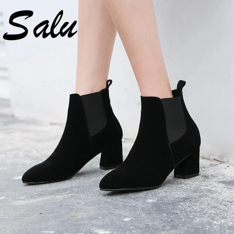 

Salu Fashion Boots Women Ankle Boots Autumn Winter Warm Suede Leather High Heels Shoes Woman Tow Heel Design Basic Shoes