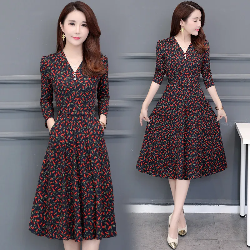 Женское винтажное платье миди с цветочным принтом V-образным вырезом и длинным