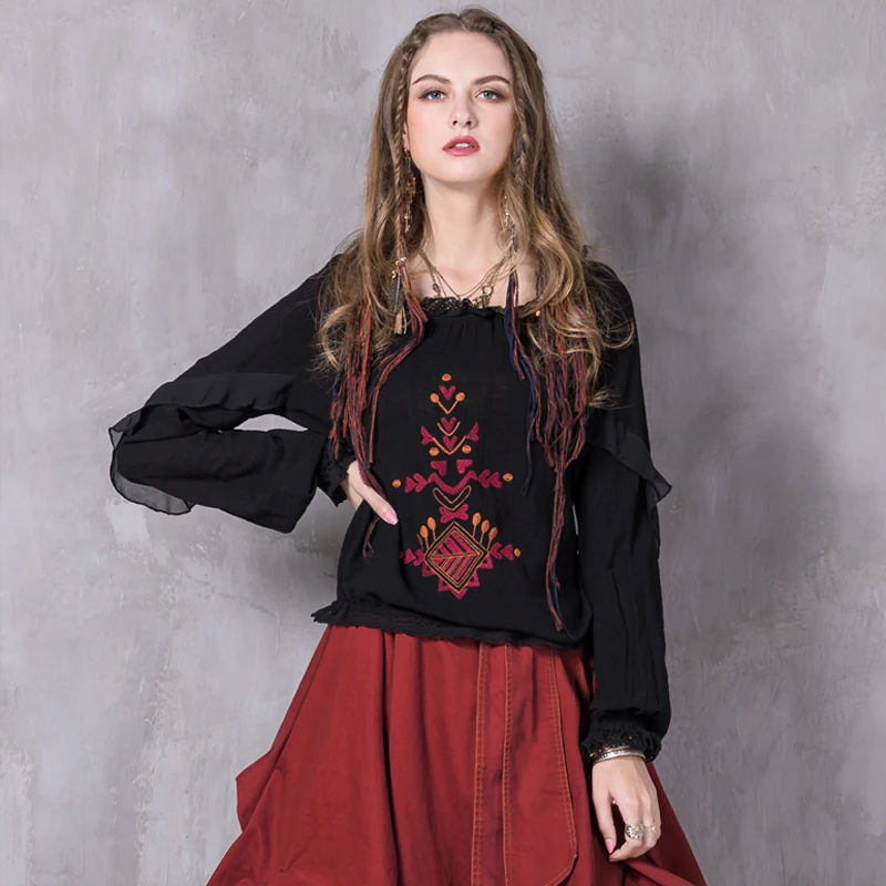 Женские блузки, новинка, Yuzi. may, Boho, хлопок, лен, Blusas, выдалбливают, цветочный узор, пэчворк, ручная работа, вышивка, оборки, рубашка B9209