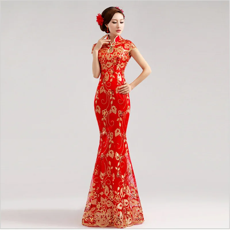 Красный Для женщин винтажные Cheongsam Сексуальная Qipao кружева рыбий хвост длинное