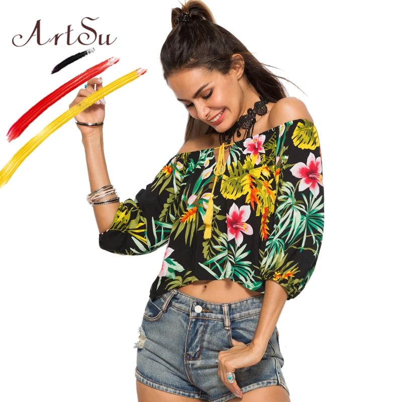 ArtSu Women Three Quarter Spring Summer Blouse 2019 Boho Sexy Off Shoulder Crop Top Casual Beach Floral Print Shirt Blusas Mujer |