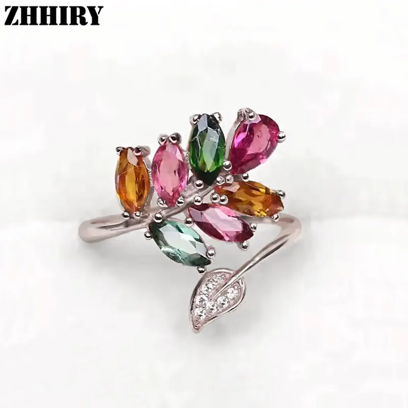 

ZHHIRY Natural Tourmaline Ring Genuine solid 925 sterling silver For Women Fine Jewelry Multicolored Gemstone Rings