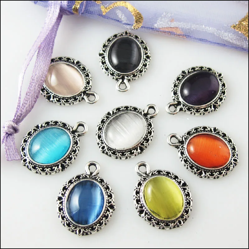 16Pcs Mixed Retro Tibetan Silver Stone Oval Charms Pendants 13.5x18mm | Украшения и аксессуары