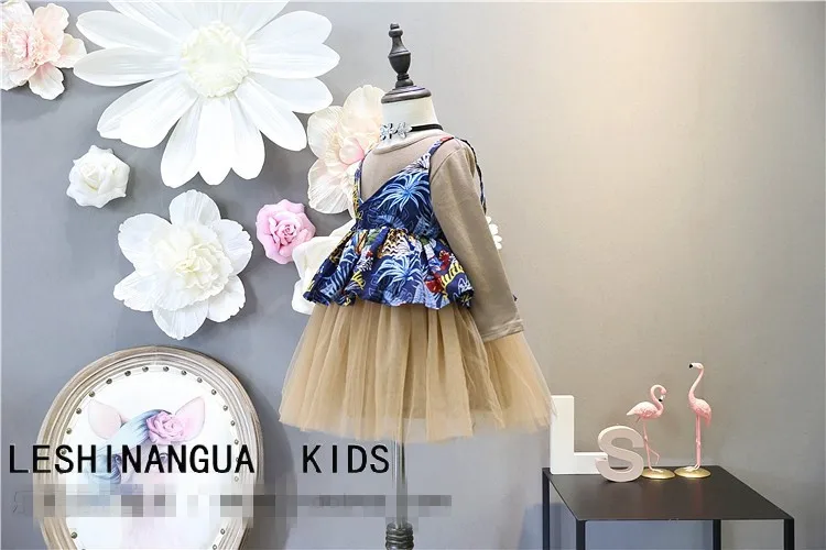 2018 children's girls clothes suit autumn new cotton solid color dress+flower pattern shoulder vest 2pcs kids sets 3-7Y | Детская