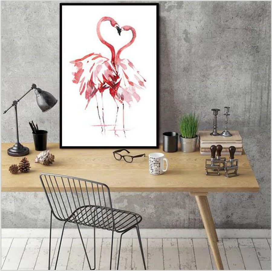 Розовый акварель любви Фламинго животных Печать на холсте Живопись Nordic плакат Wall