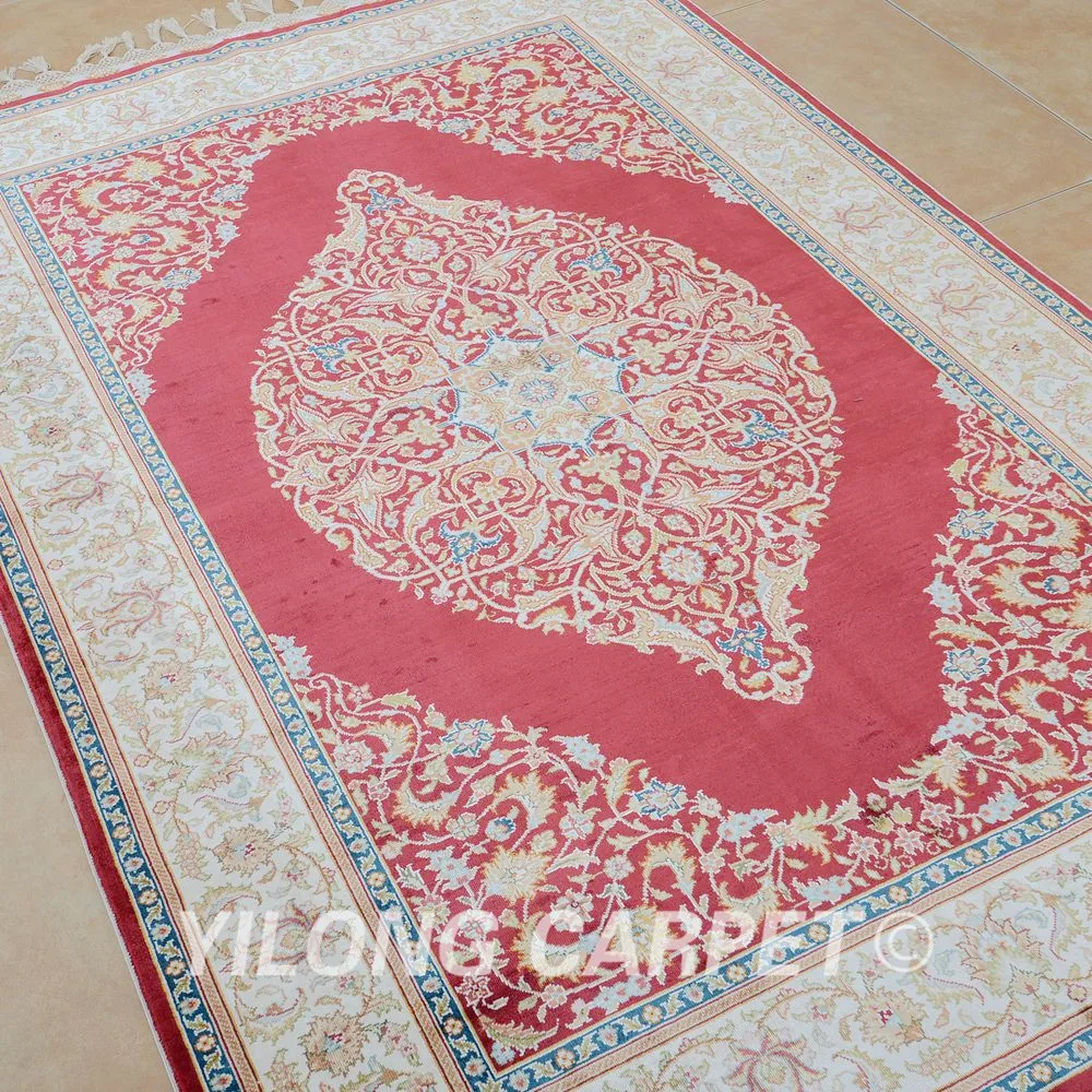 Yilong 4' x 6' Кум ковер традиционный Тебриз красный ковёр искусственный шелк